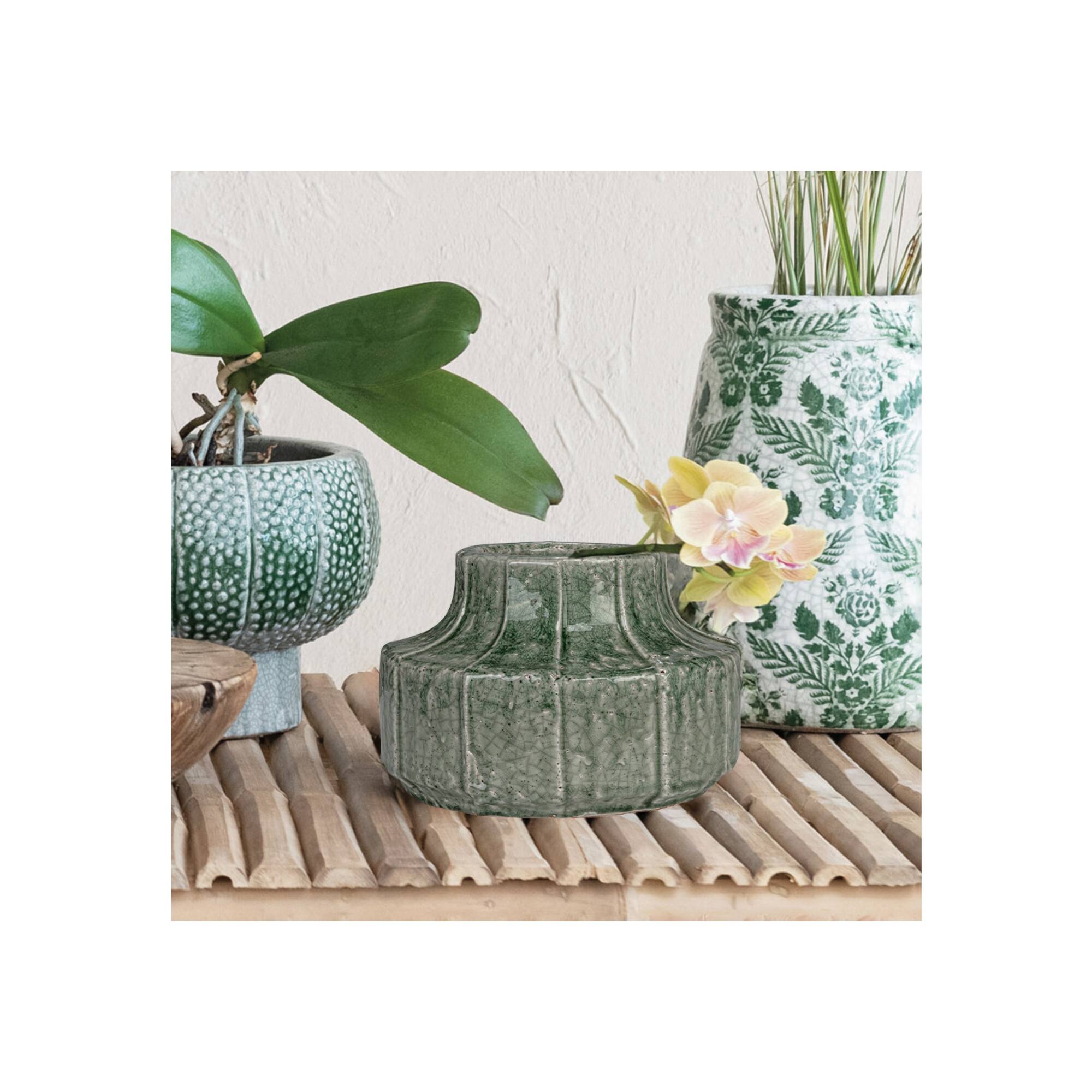 Hello Honey® 9" Green Crackle Glaze Terra Cotta Vase Planter with Embossed Lines